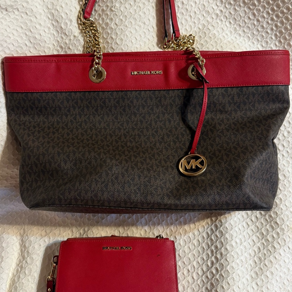 Michael Kors Red and Brown Tote with Gold Details